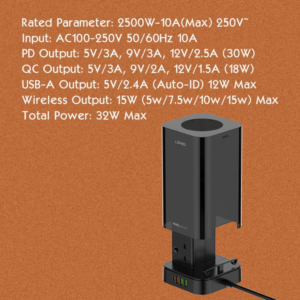 Ldnio 2m tower extension lead with 6 sockets 4 usb slots & wireless charger uk