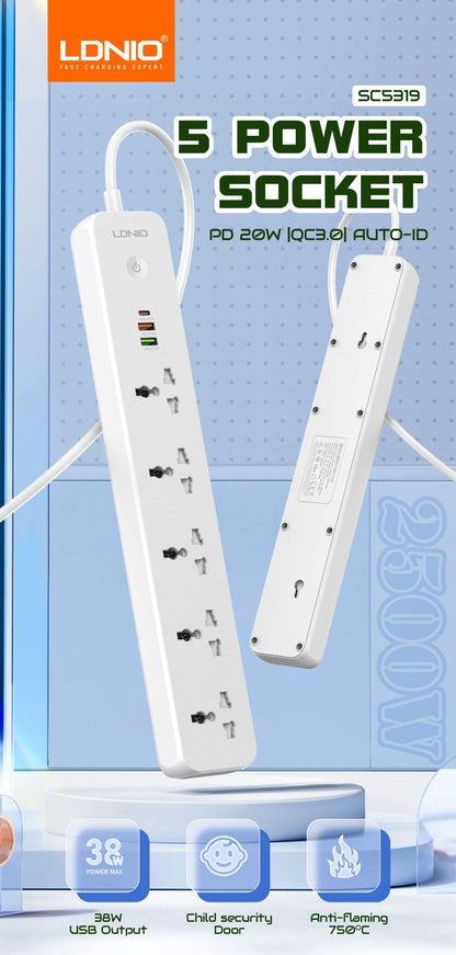 Ldnio sc5319 multi socket extension lead with 5 ac 3 usb power socket plug extender 2m