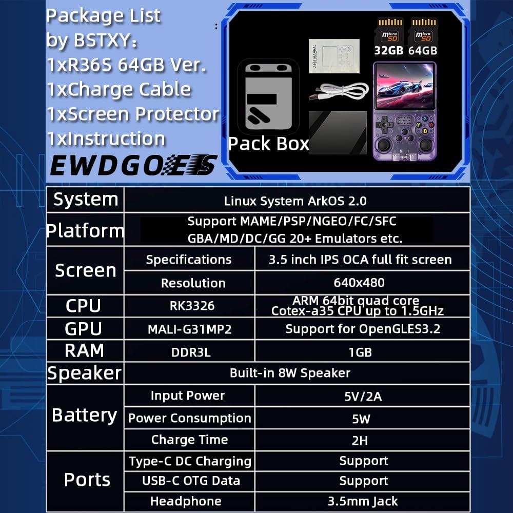 R36S Handheld Game Console 3.5 inch IPS Screen Retro Gaming Console 64G Card