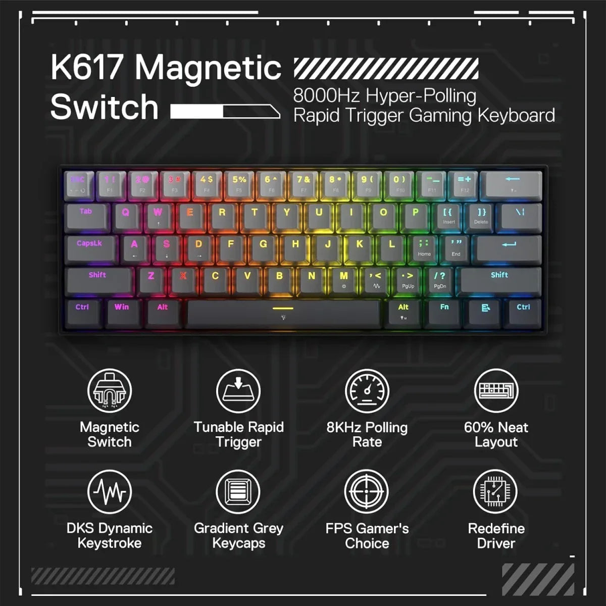 Redragon FIZZ K617GGB Magnetic Switch Rapid Trigger Gaming Keyboard 60% Wired