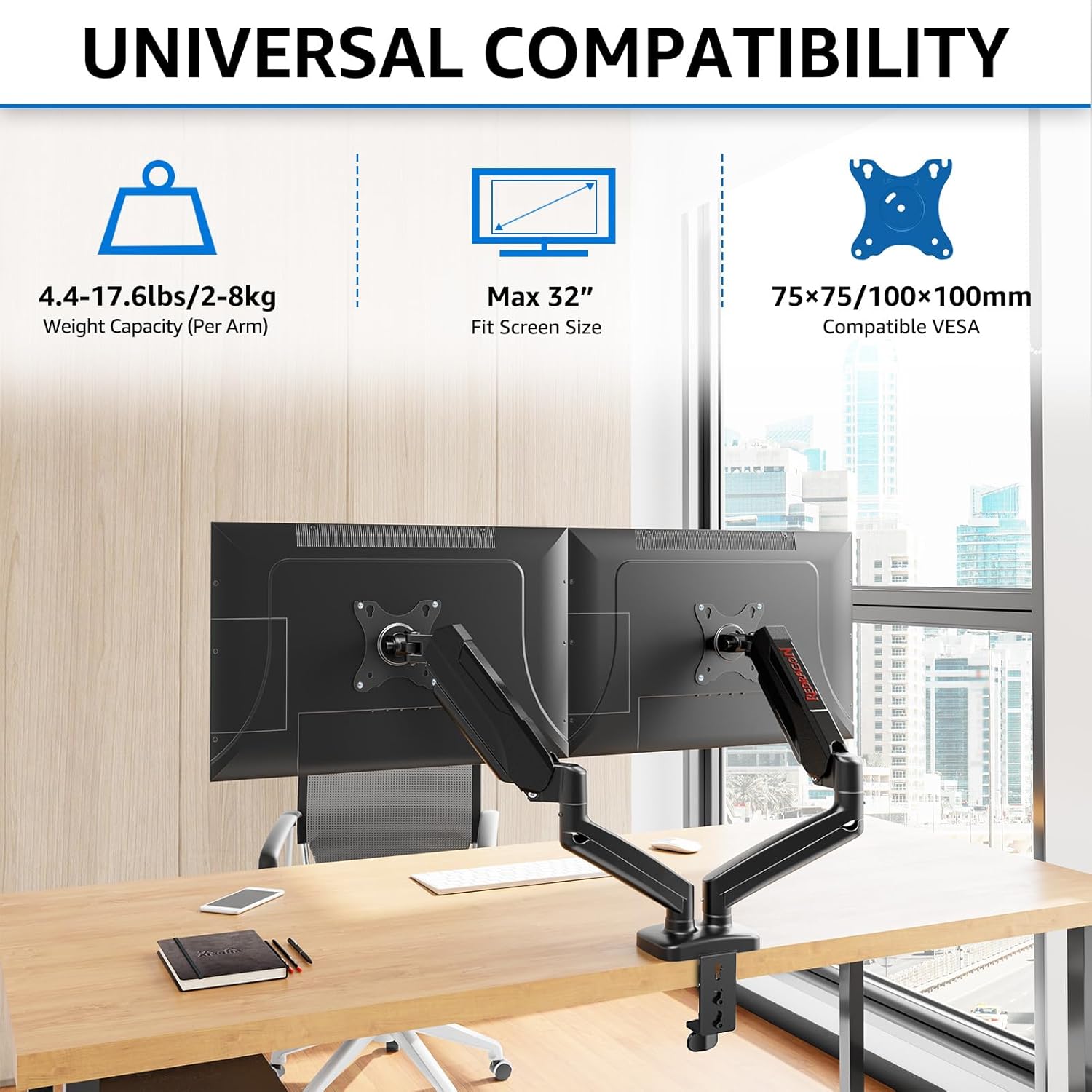 Redragon GMK915 Dual Monitor Mount Stand Gas Spring Adjustable Arms with VESA