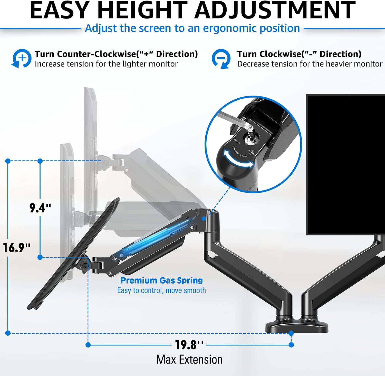 Redragon GMK915 Dual Monitor Mount Stand Gas Spring Adjustable Arms with VESA