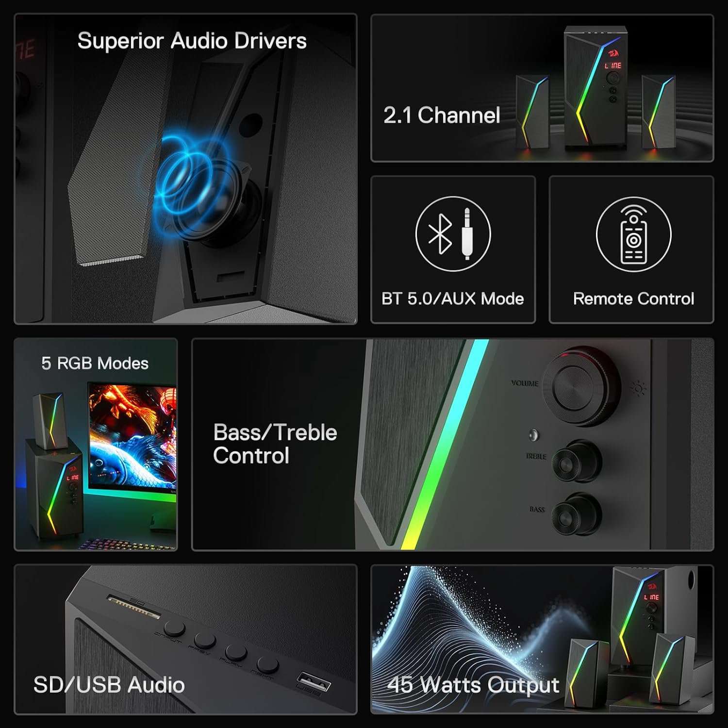 Redragon GS520 PRO Computer Gaming Speakers with Subwoofer 2.1 Channel RGB