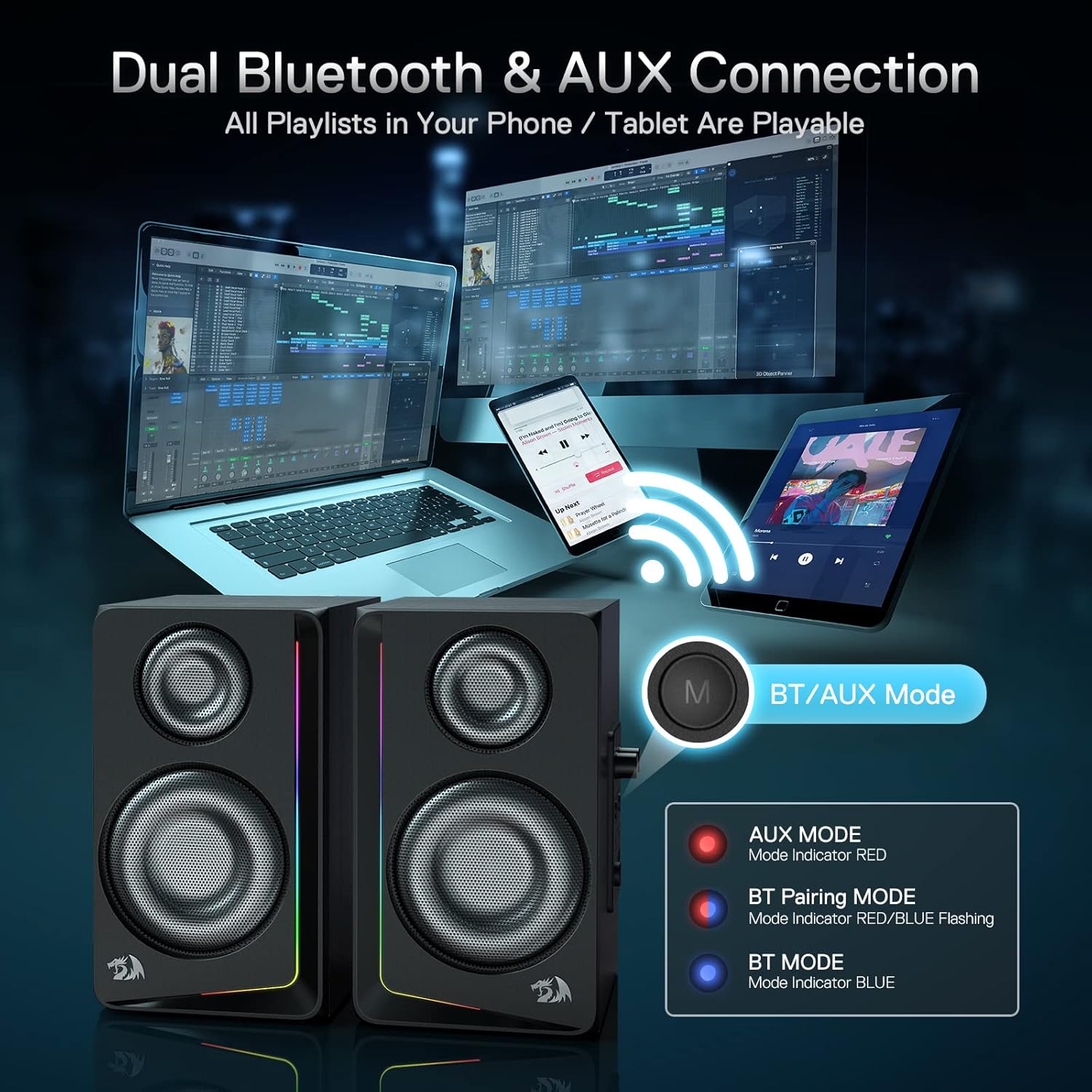 Redragon GS812 Wireless RGB Wooden Desktop Speakers 2.0 Channel Bookshelf