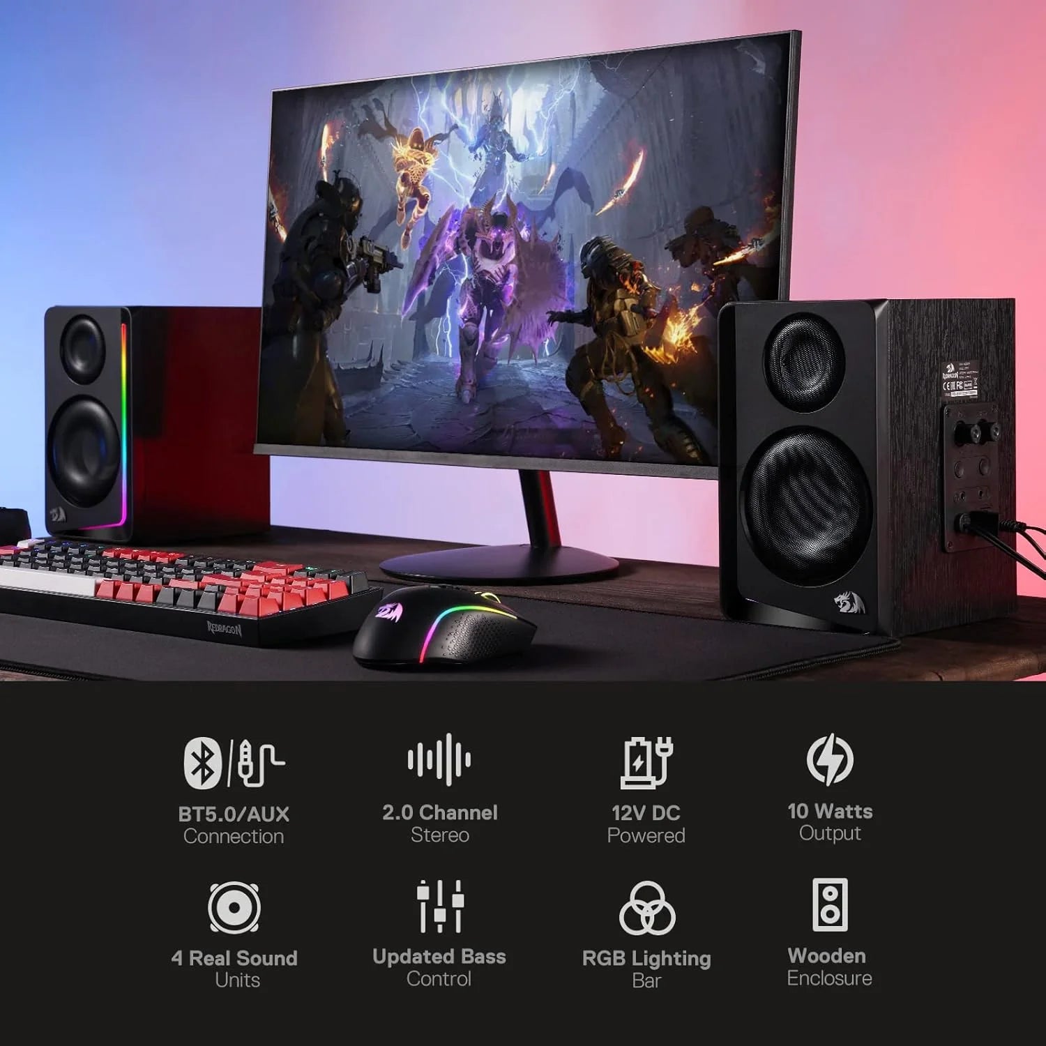 Redragon gs812 wireless rgb wooden desktop speakers