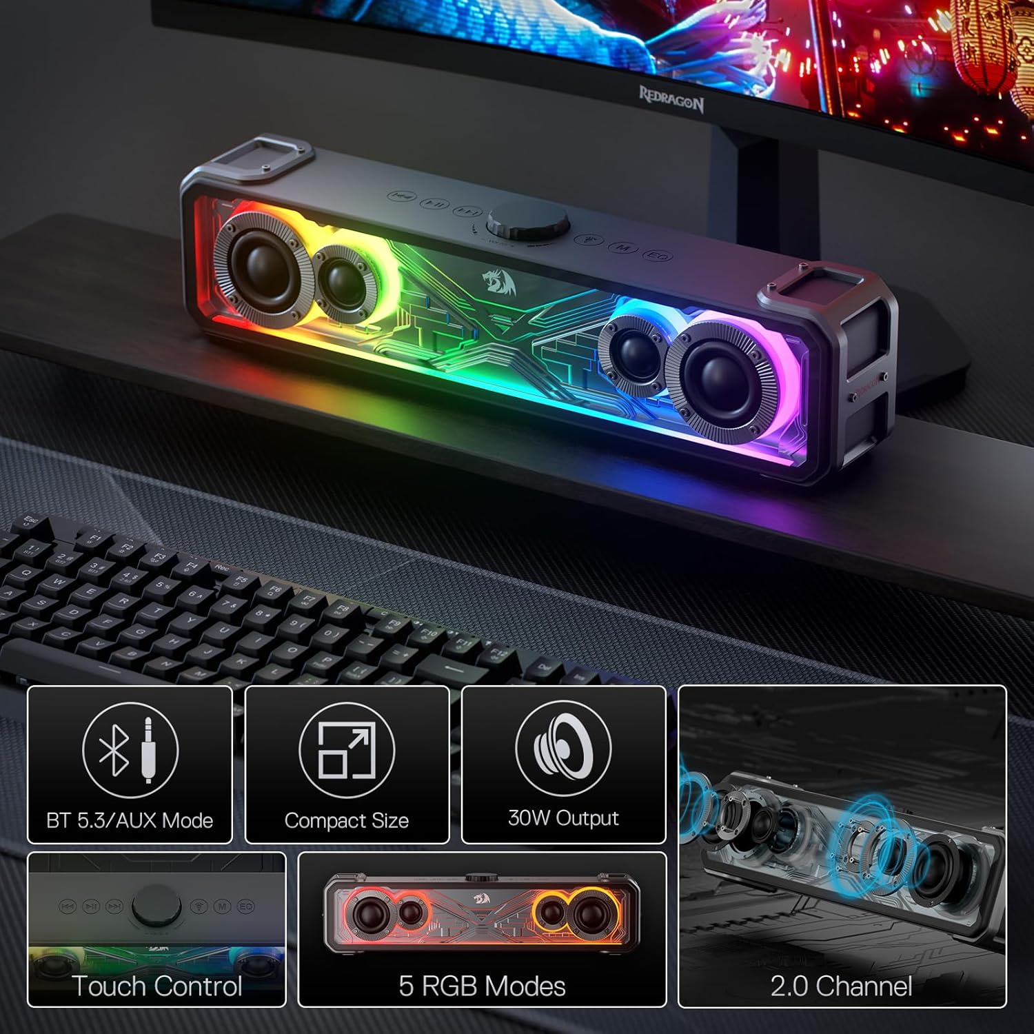 Redragon GS817 RGB Desktop Soundbar 2.0 Channel Stereo Speakers for Desktop