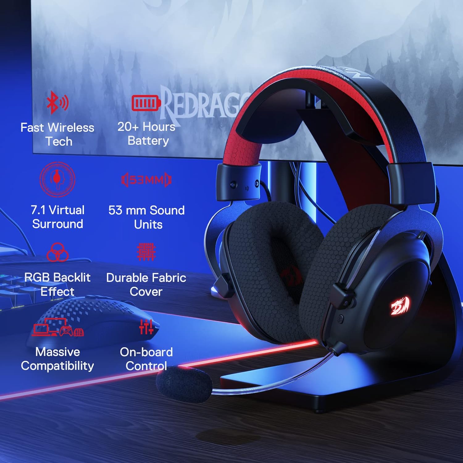 Redragon H510 PRO Zeus RGB Wireless Gaming Headset 7.1 Surround Sound Audio