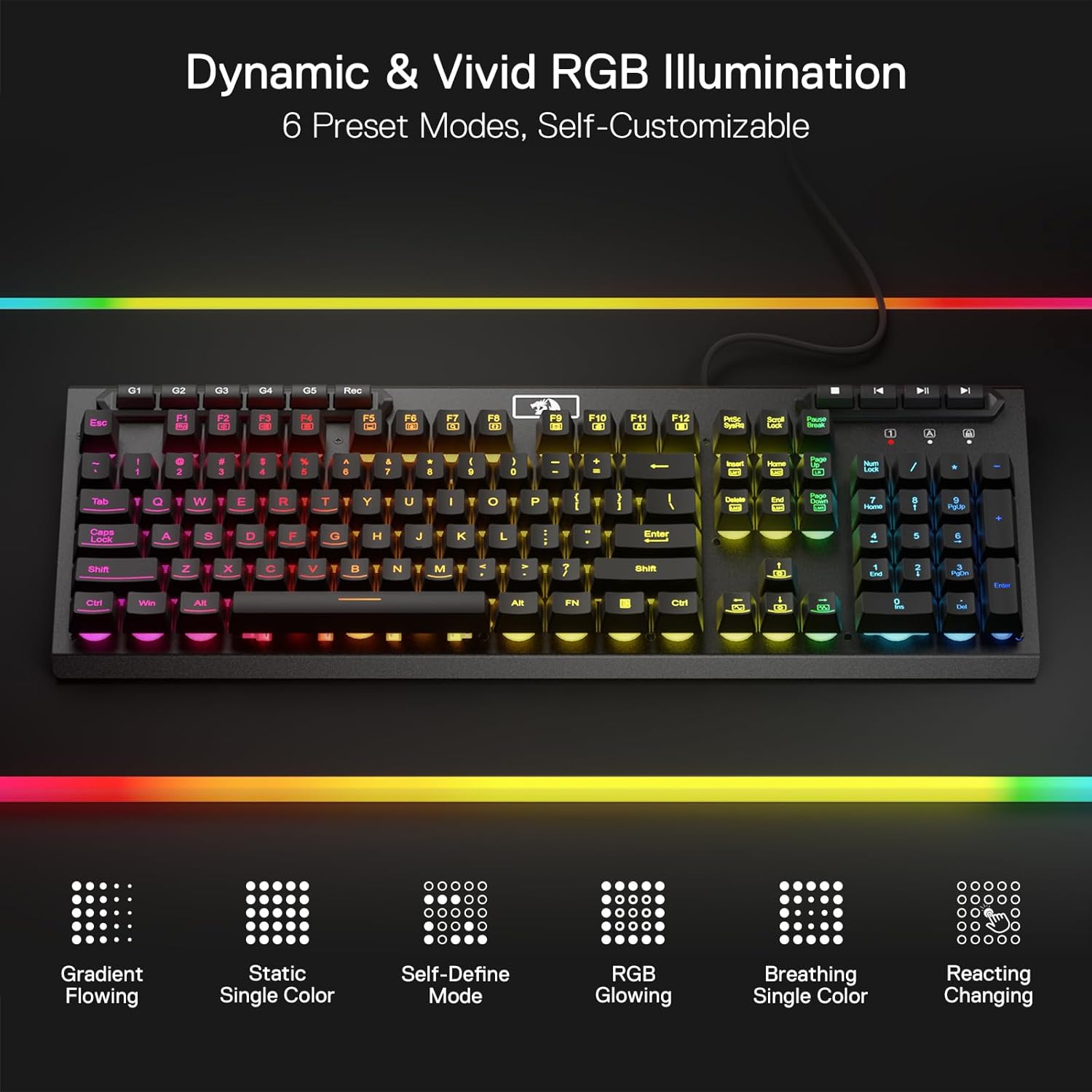 Redragon K513 RGB Membrane Gaming Keyboard Standard 104 Keys Linear Mechanical