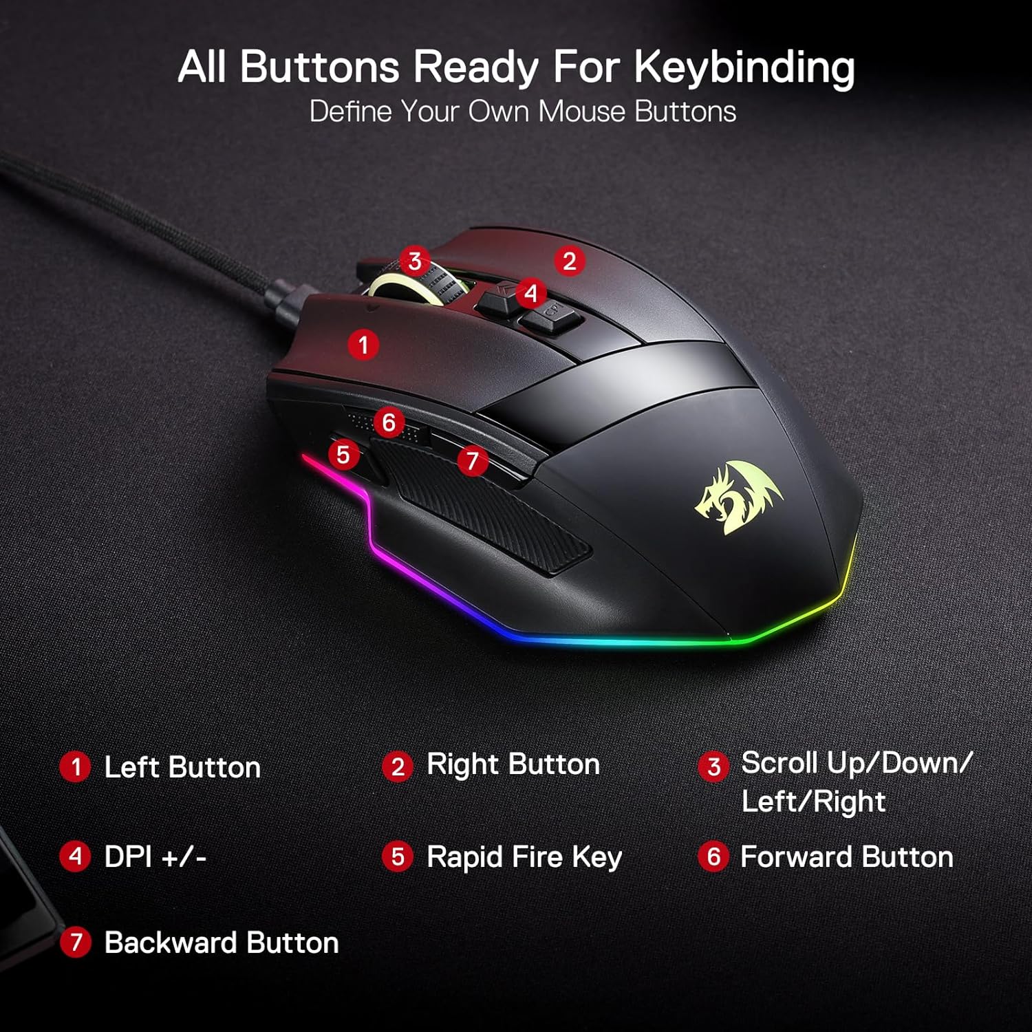 Redragon M813 RGB Wired Gaming Mouse with 4D Dual Mode Scroll Wheel Ergonomic