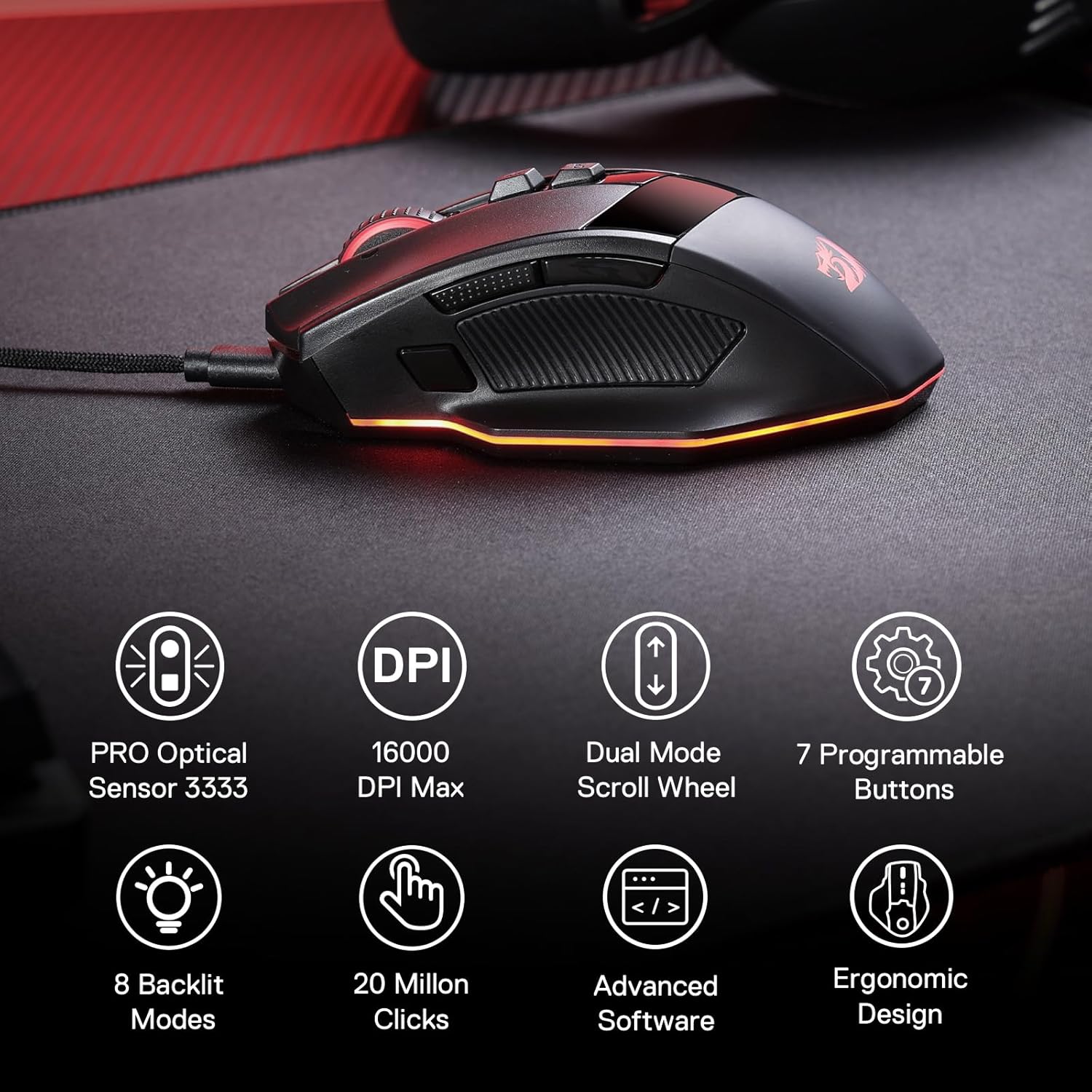 Redragon M813 RGB Wired Gaming Mouse with 4D Dual Mode Scroll Wheel Ergonomic