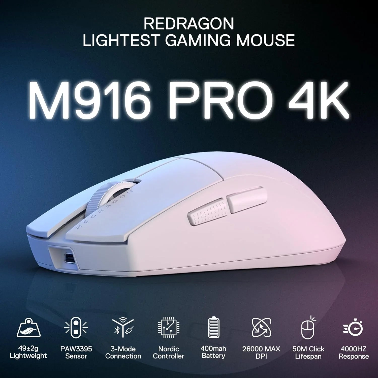 Redragon m916 pro 3-mode wireless gaming mouse 4k - 26000 dpi