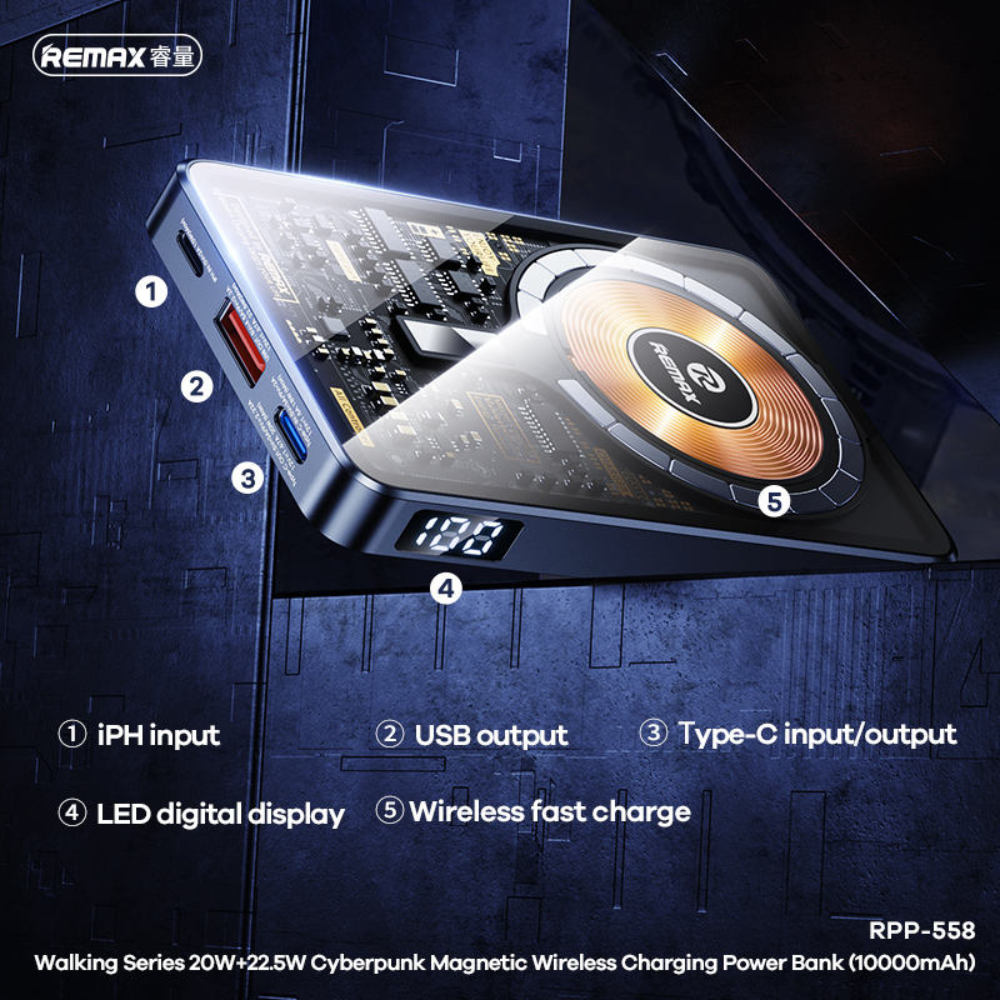 Remax PD20W + QC22.5W Magnetic Wireless Charging Power Bank 10000mAh Cables &