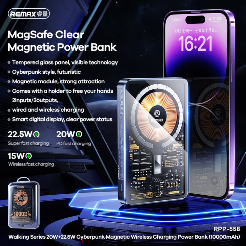 Remax PD20W + QC22.5W Magnetic Wireless Charging Power Bank 10000mAh Cables &