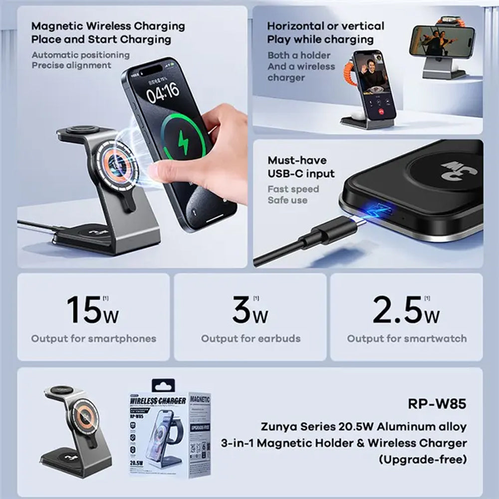 Remax RP W85 Magnetic 3 in 1 Wireless Charging Holder Cables & Chargers