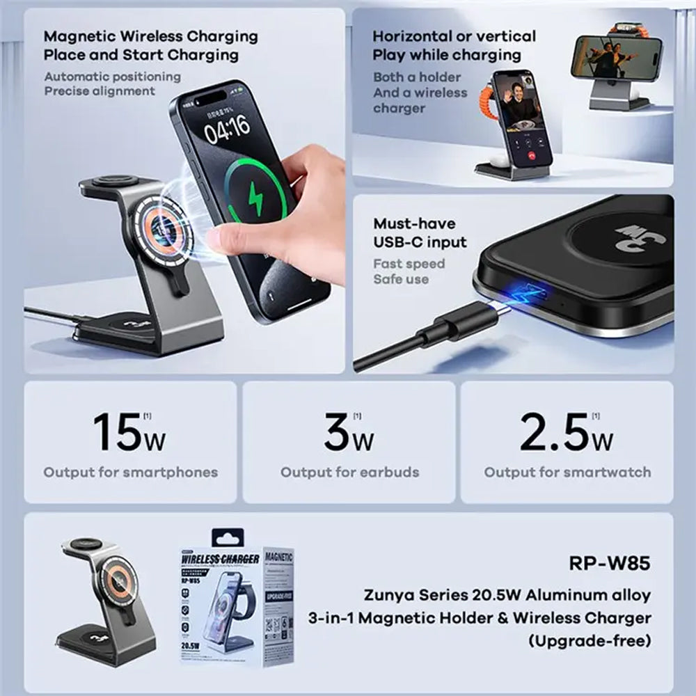 Remax RP-W85 Magnetic 3 in 1 Wireless Charging Holder JOD 25