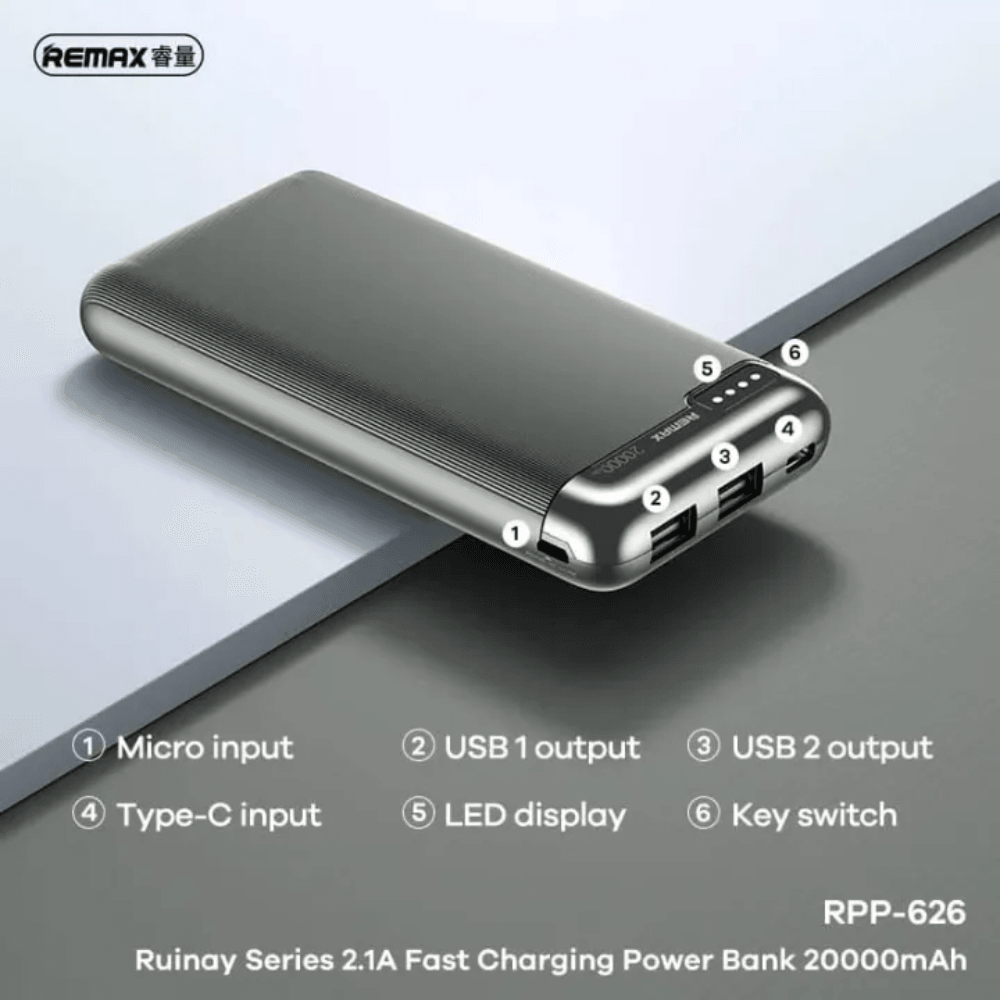 Remax rpp-626 20000mah ruinay series 2.1a fast charging power bank - Fun Touch