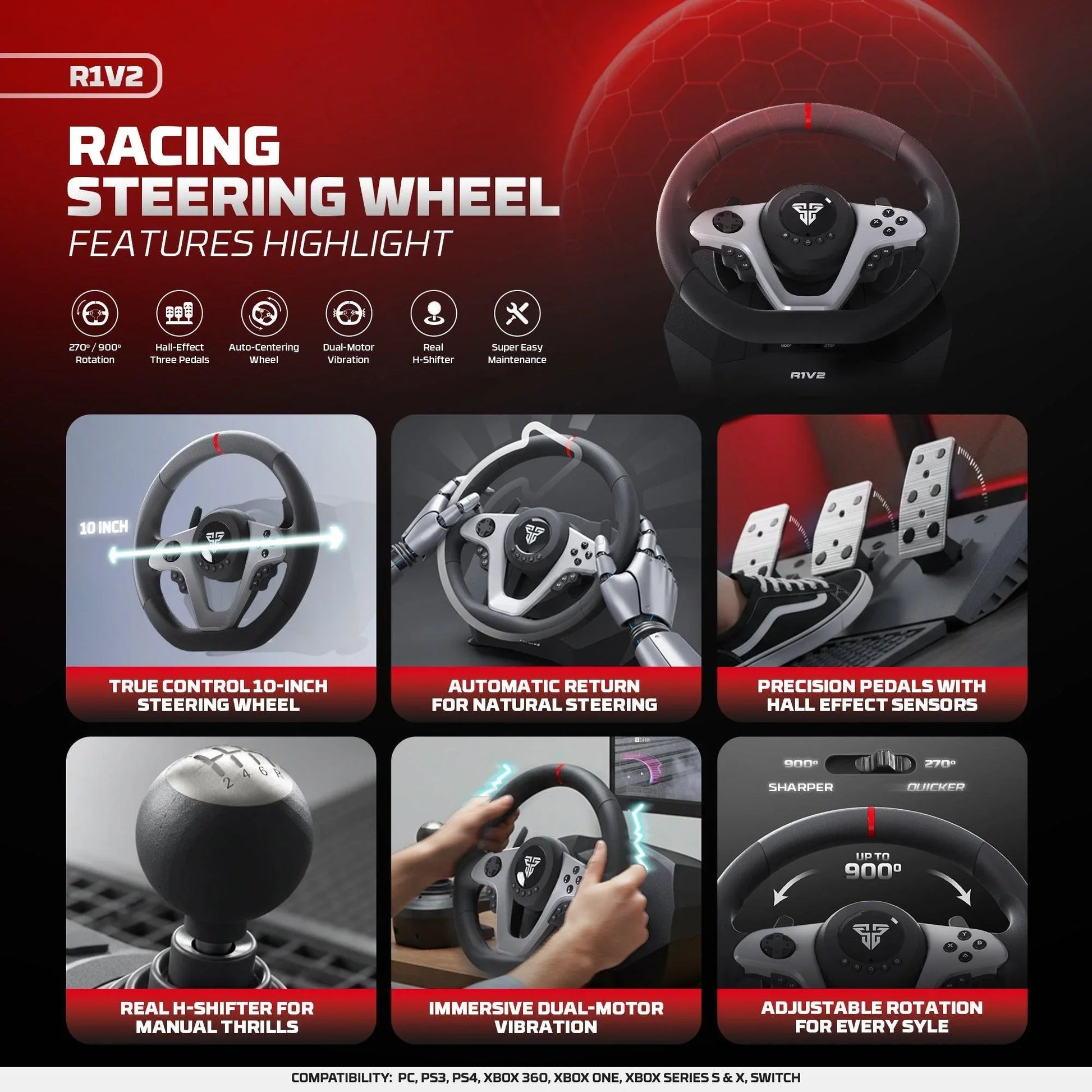 Fantech r1v2 racing steering wheel | dual-motor vibration | 270° / 900°