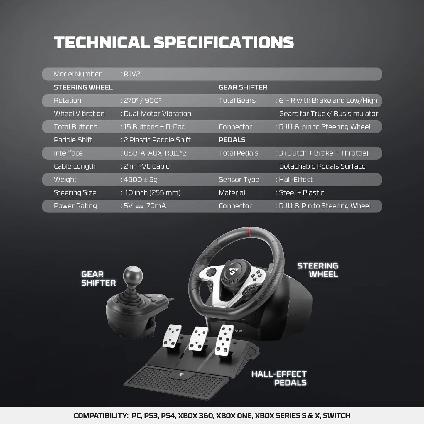 Fantech r1v2 racing steering wheel | dual-motor vibration | 270° / 900°