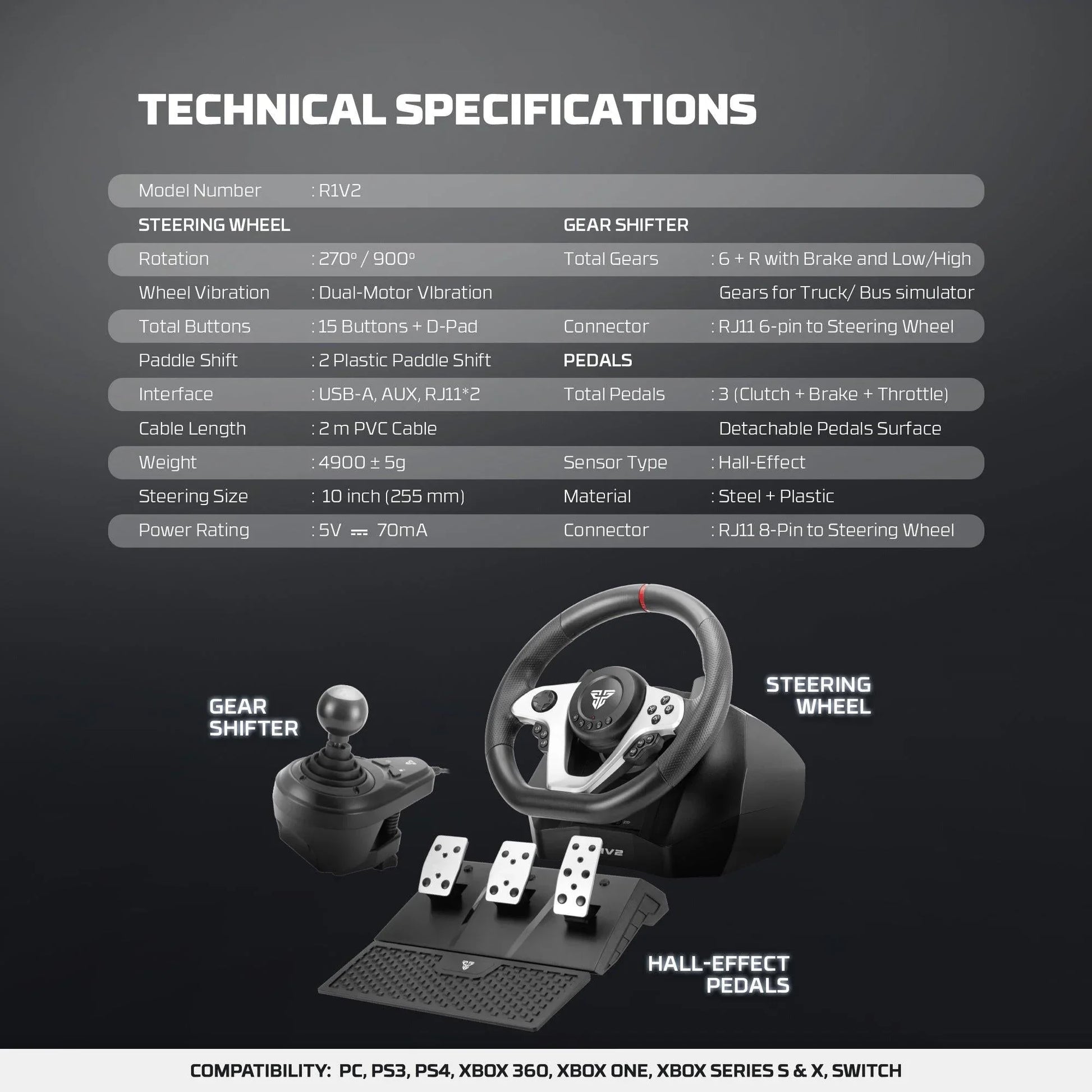 Fantech r1v2 racing steering wheel | dual-motor vibration | 270° / 900°