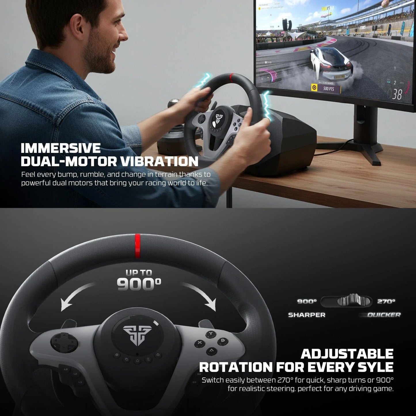 Fantech r1v2 racing steering wheel | dual-motor vibration | 270° / 900°