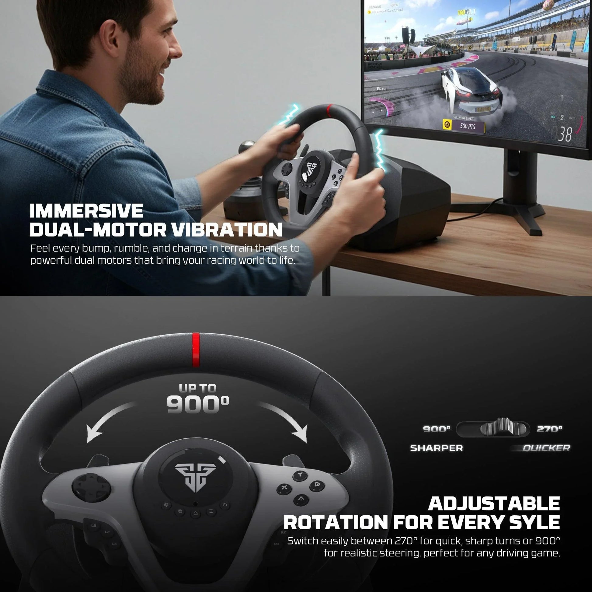Fantech r1v2 racing steering wheel | dual-motor vibration | 270° / 900°