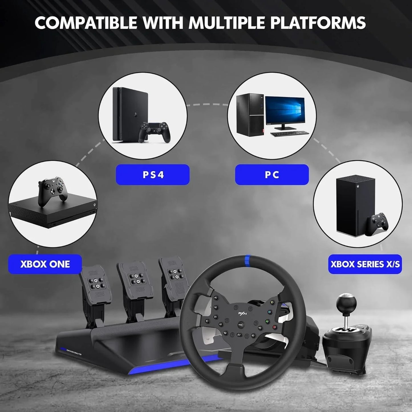 Pxn v99 gaming racing wheel driving force feedback steering wheel with pedals
