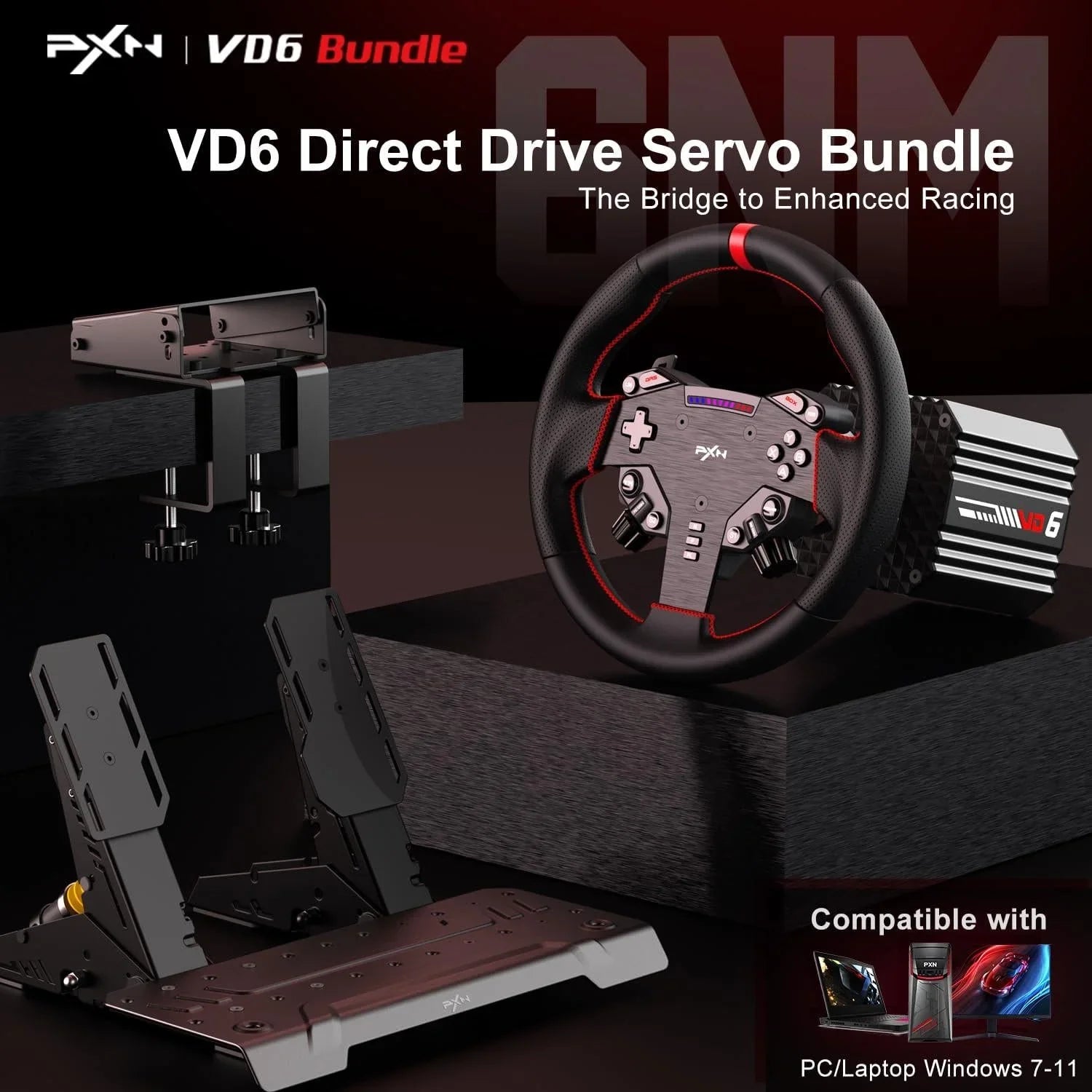 Pxn vd6 bundle: pc steering wheel and pedals – 6 nm direct drive servo motor