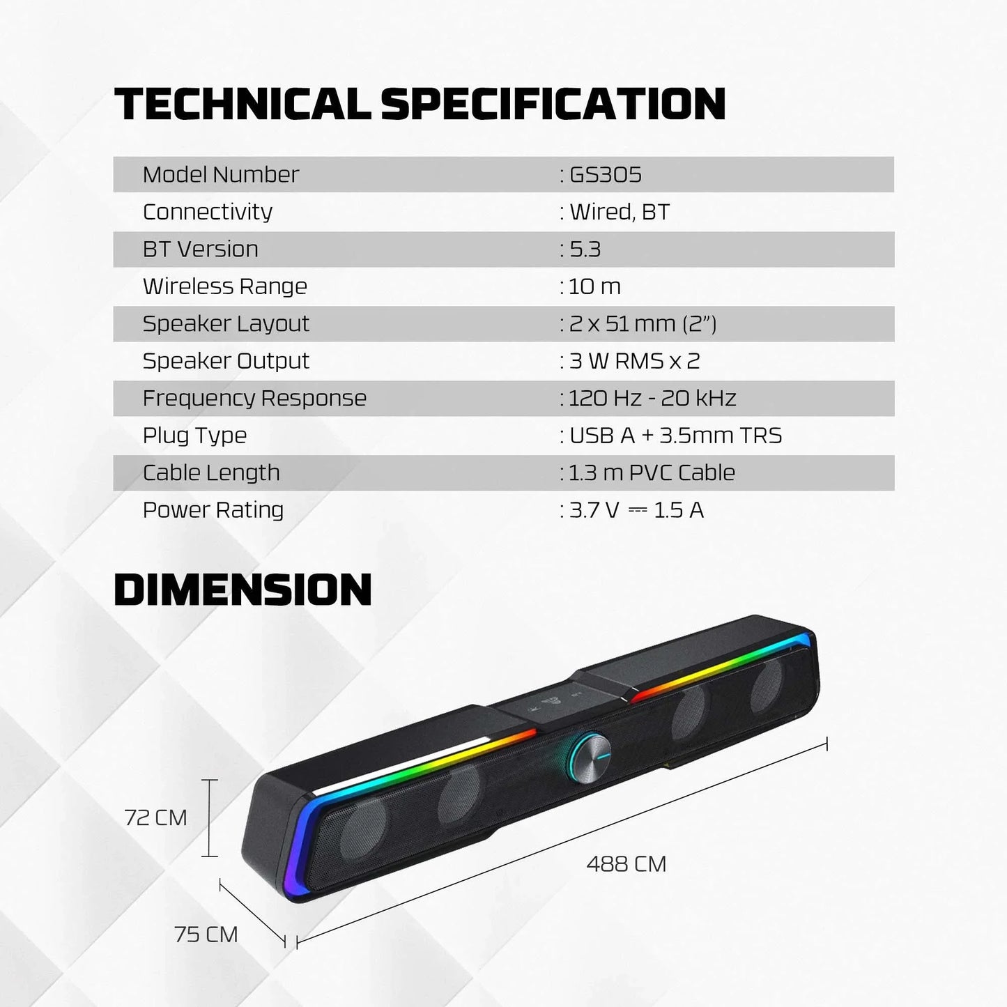 Fantech gs305 bluetooth 5.3 soundbar dual mode rgb lighting gaming speaker
