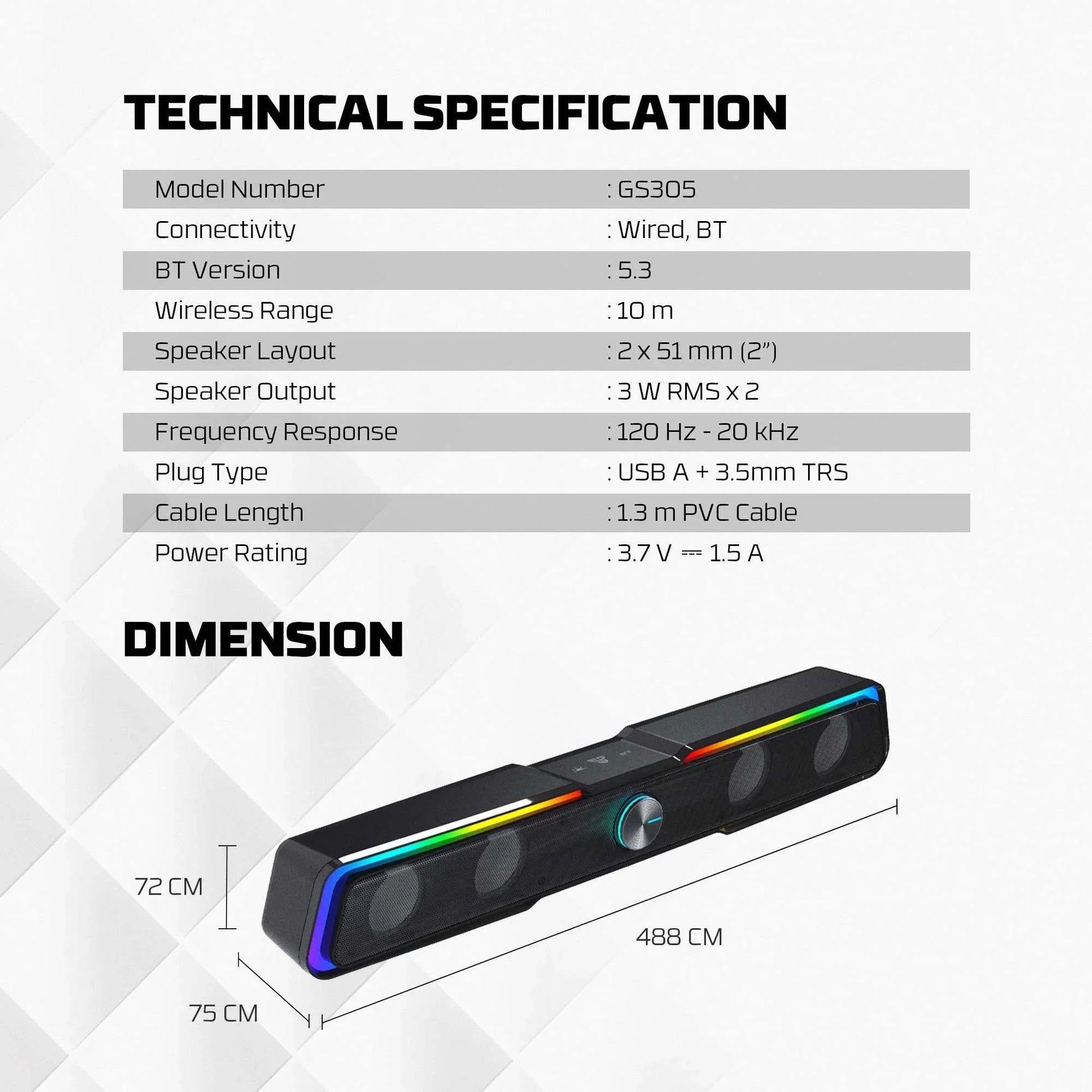 Fantech gs305 bluetooth 5.3 soundbar dual mode rgb lighting gaming speaker