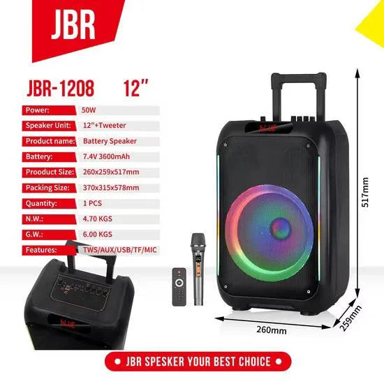 Jbr-1208 12-inch bluetooth speaker with led lighting effect speakers