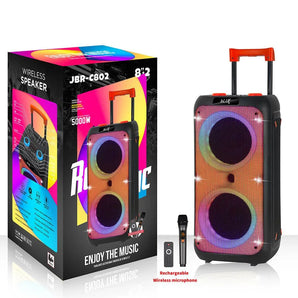 Jbr-c802 professional rgb super bass wireless trolley karaoke speakers fm radio