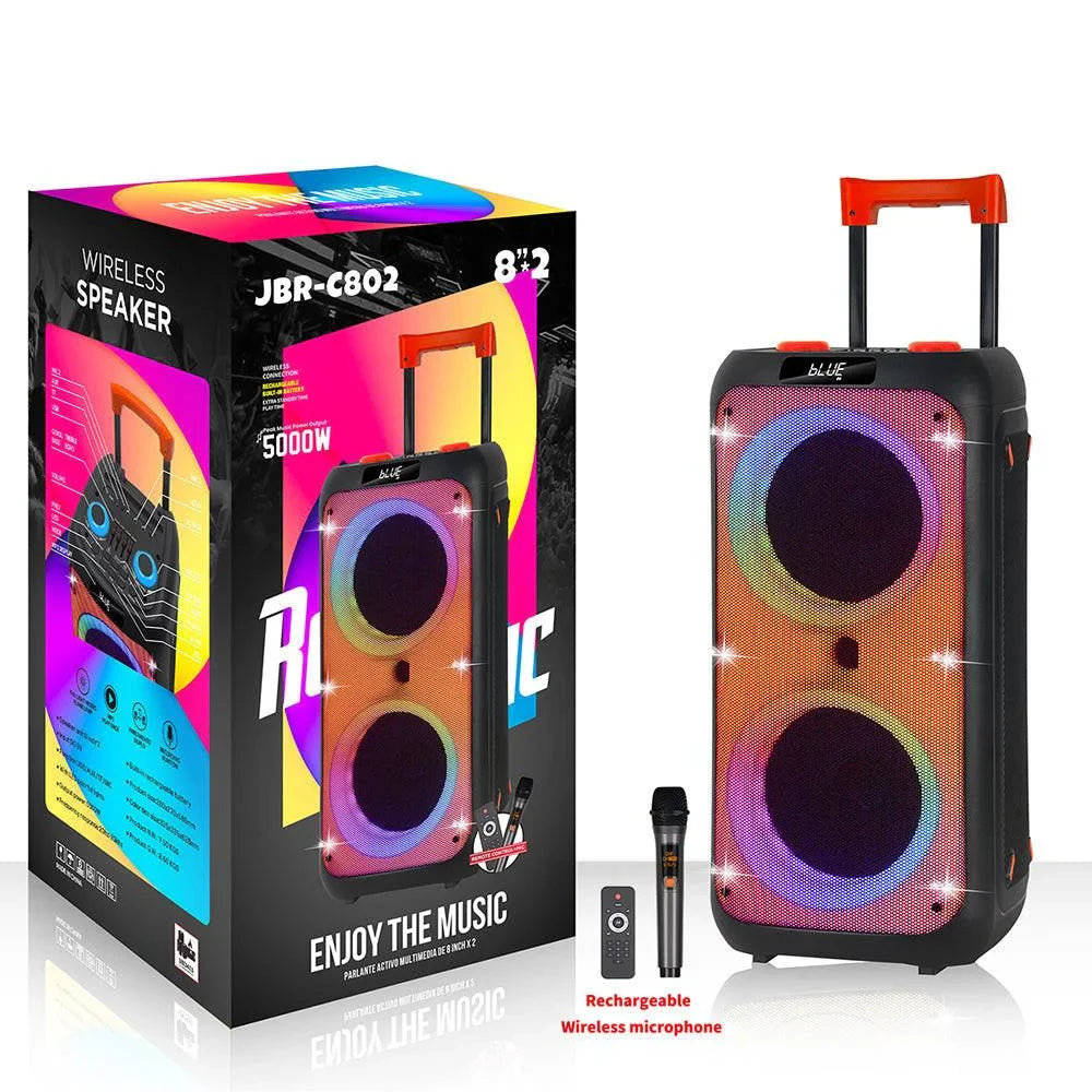 Jbr-c802 professional rgb super bass wireless trolley karaoke speakers fm radio