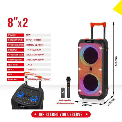 Jbr-c802 professional rgb super bass wireless trolley karaoke speakers fm radio