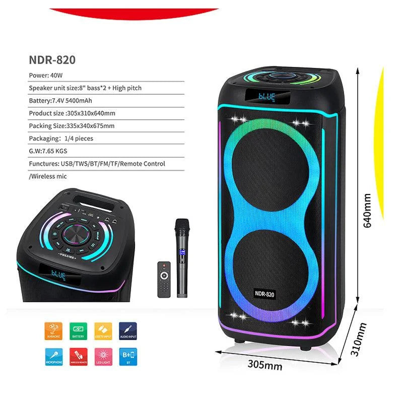 Ndr-820 2025 hot selling outdoor double 8 j.bl dj party box bt portable speaker