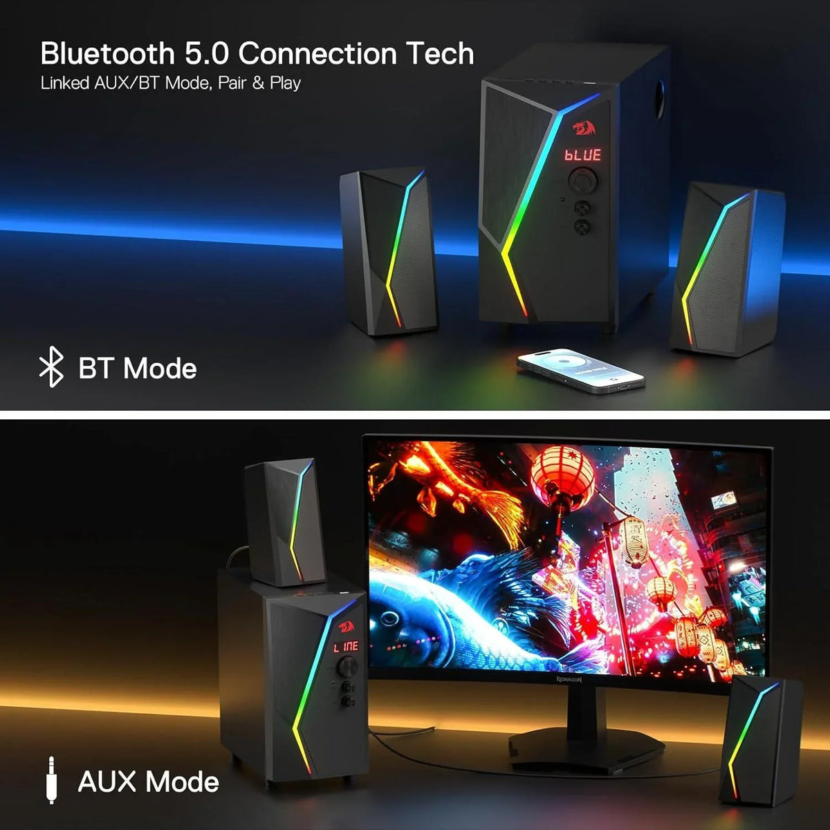 Redragon gs520 pro gaming speakers with subwoofer - 2.1 channel rgb audio system