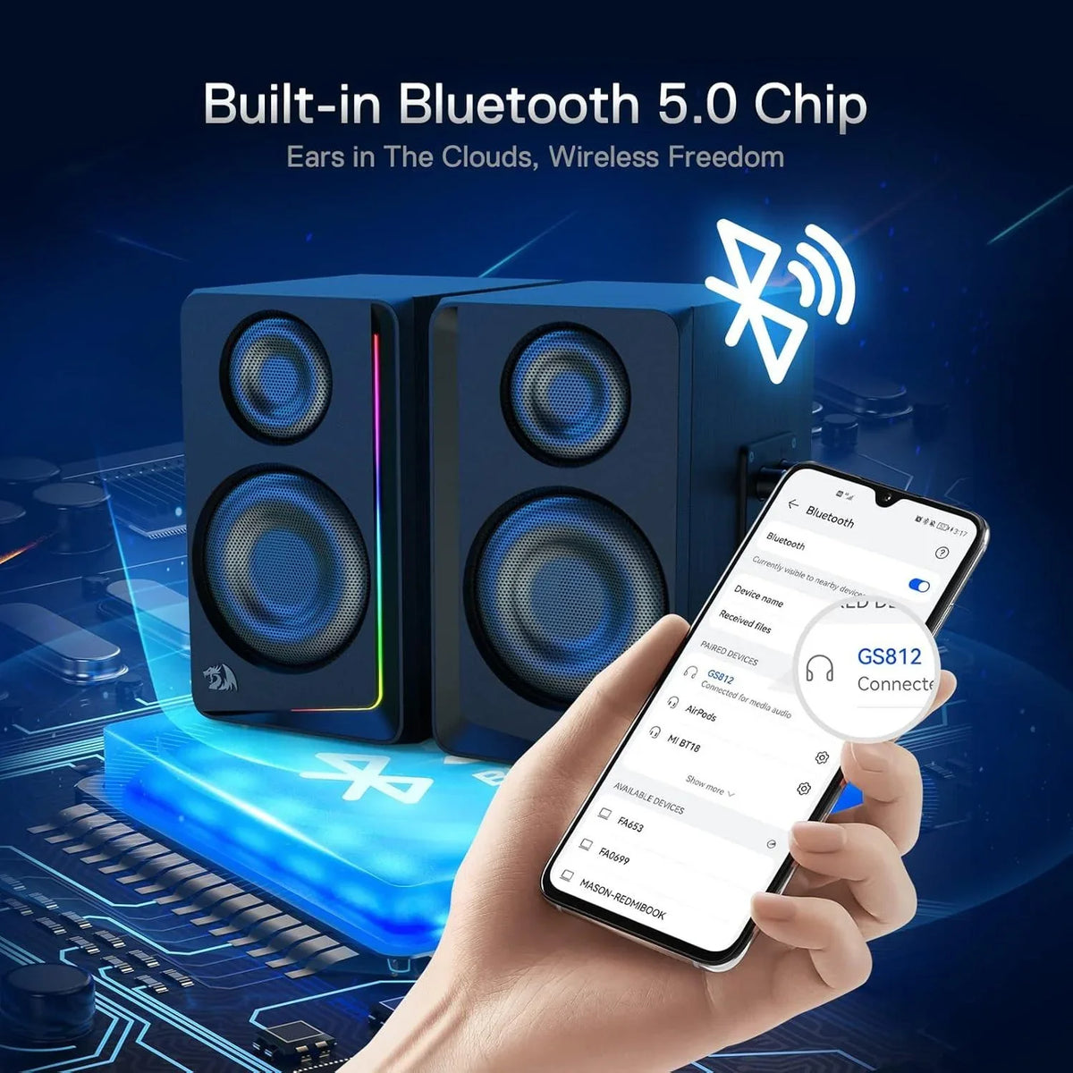 Redragon gs812 wireless rgb wooden desktop speakers 2.0 channel bookshelf