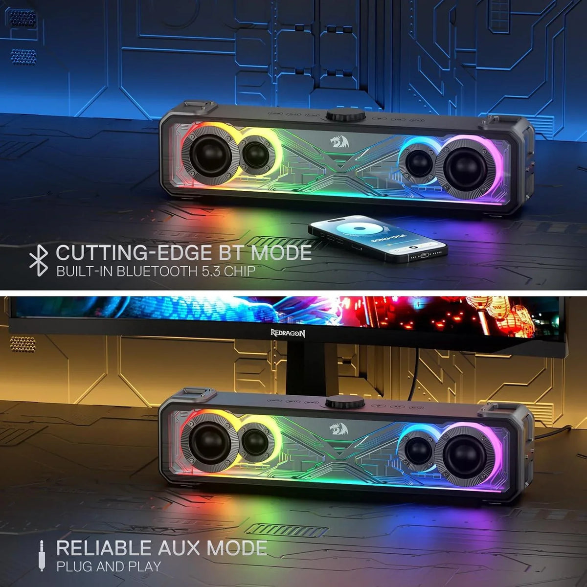 Redragon gs817 rgb desktop soundbar 2.0 channel stereo speakers for desktop
