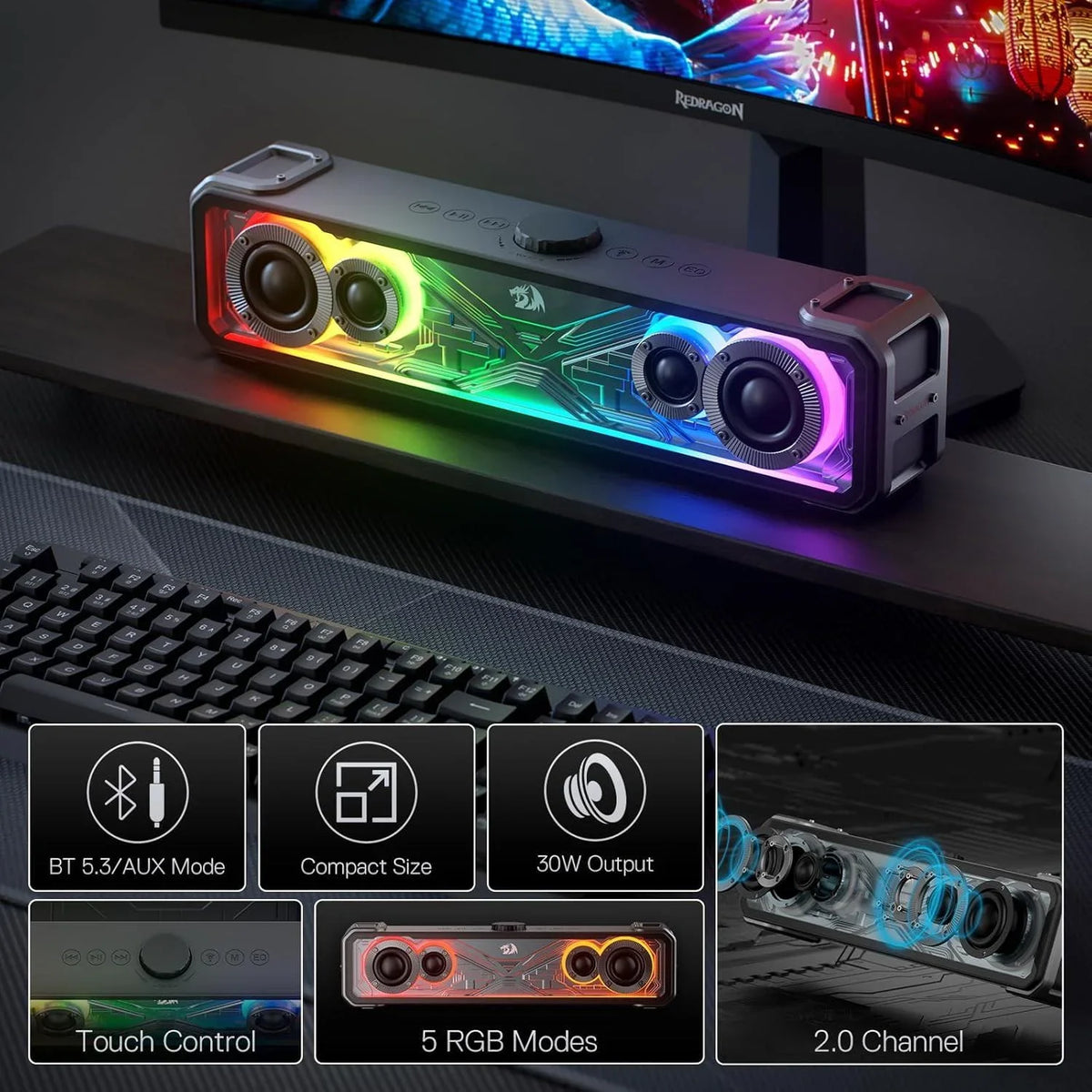 Redragon gs817 rgb desktop soundbar 2.0 channel stereo speakers for desktop