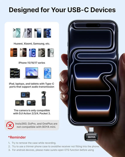 Boya mini 2 wireless lavalier microphones for iphone and usb-c ai noise