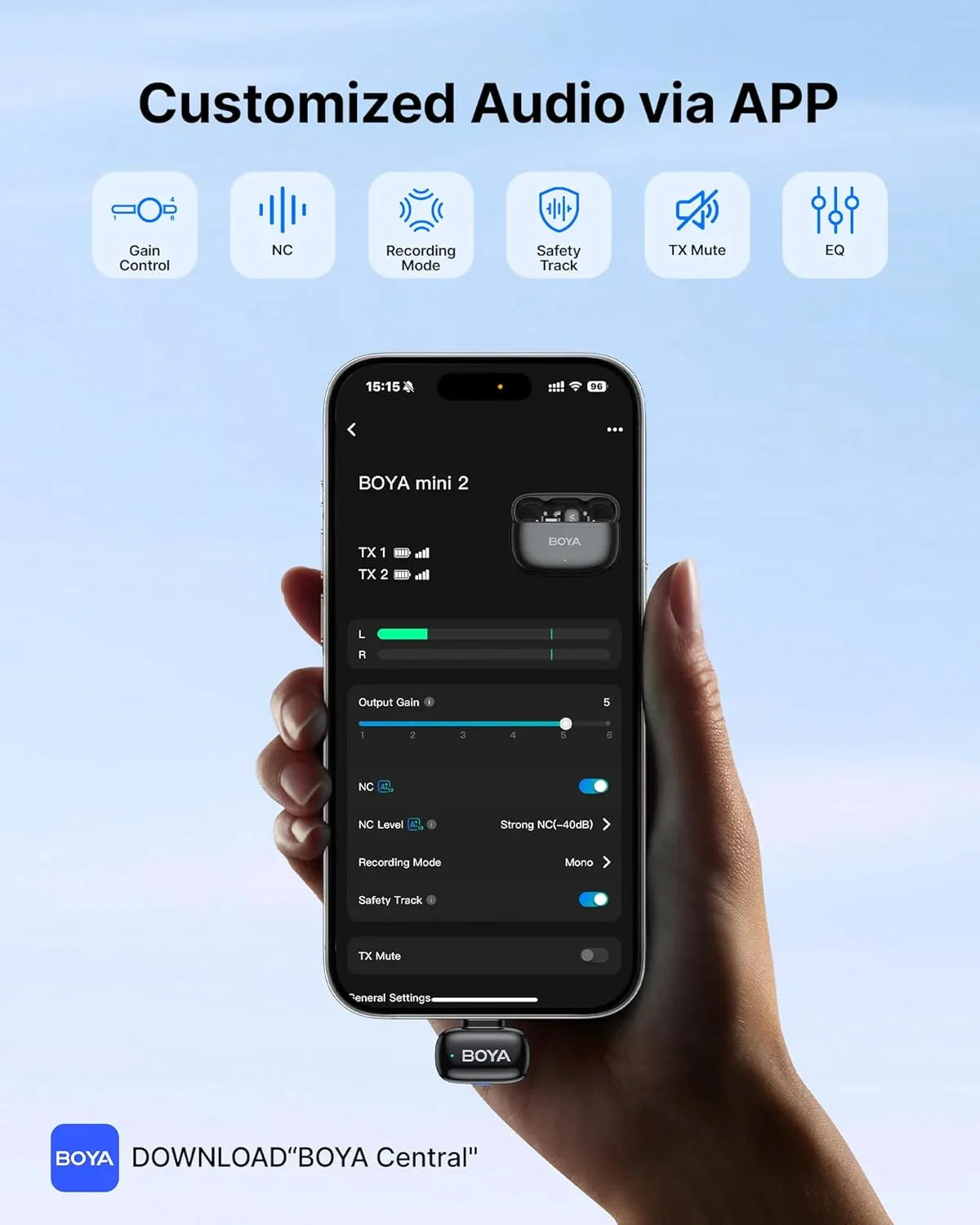 Boya mini 2 wireless lavalier microphones for iphone and usb-c ai noise