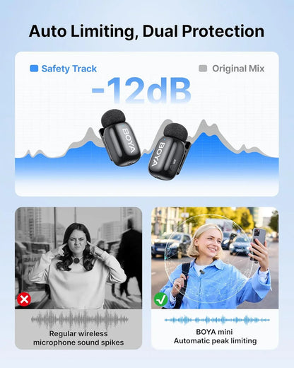 Boya mini 2 wireless lavalier microphones for iphone and usb-c ai noise