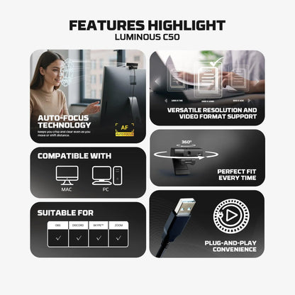 Fantech luminous c50 quad high-definition webcam 2k quad-hd support 60 fps & 3d