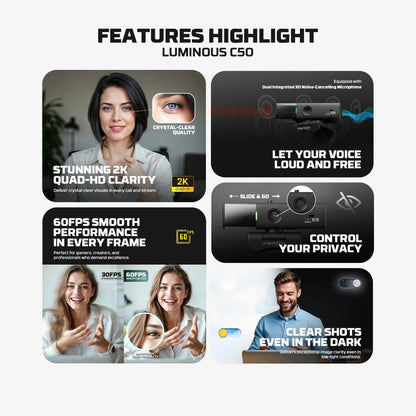 Fantech luminous c50 quad high-definition webcam 2k quad-hd support 60 fps & 3d