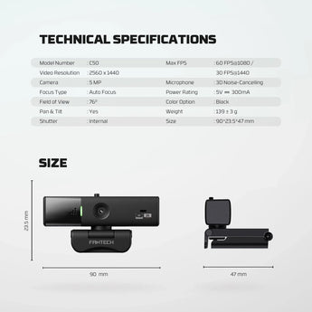 Fantech luminous c50 quad high-definition webcam 2k quad-hd support 60 fps & 3d