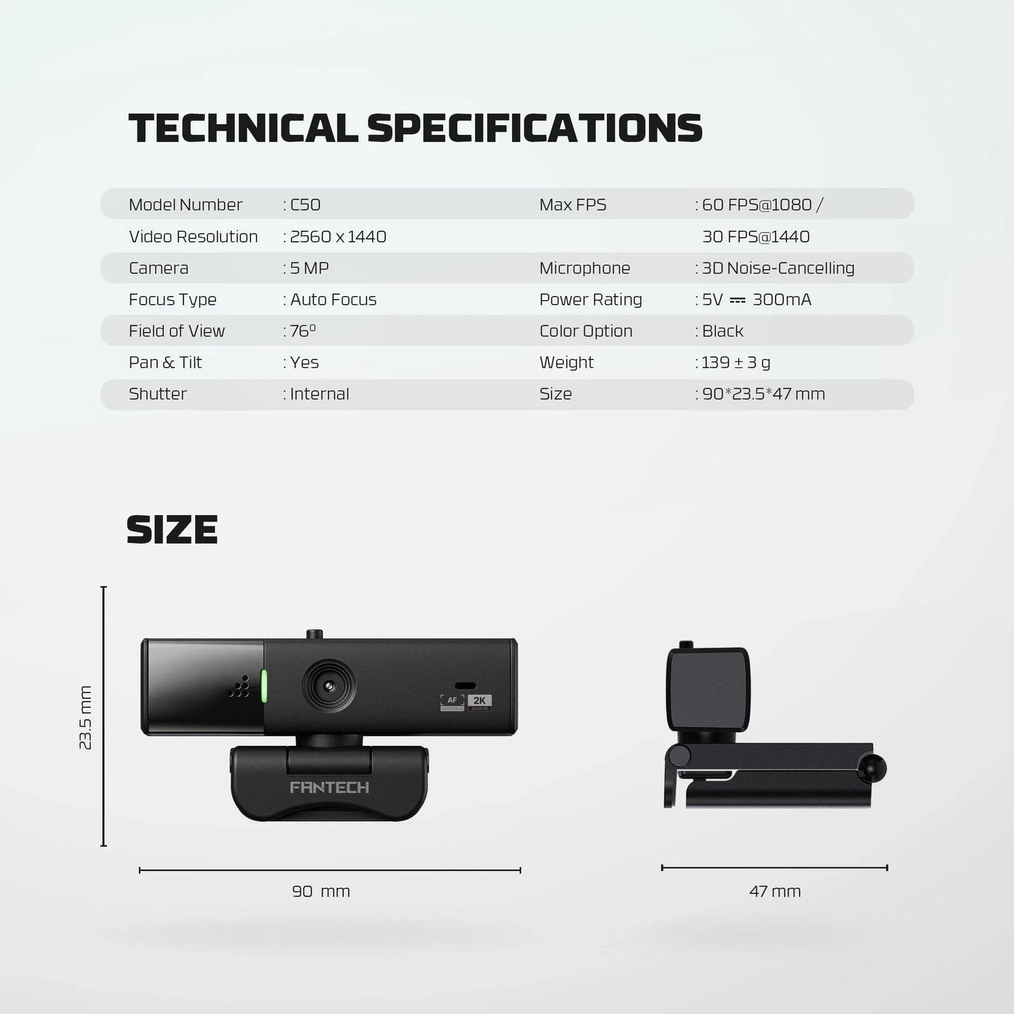 Fantech luminous c50 quad high-definition webcam 2k quad-hd support 60 fps & 3d