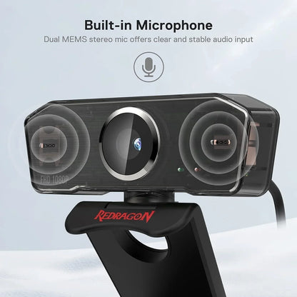 Redragon gw800 1080p pc webcam with built-in dual microphone 360° rotation