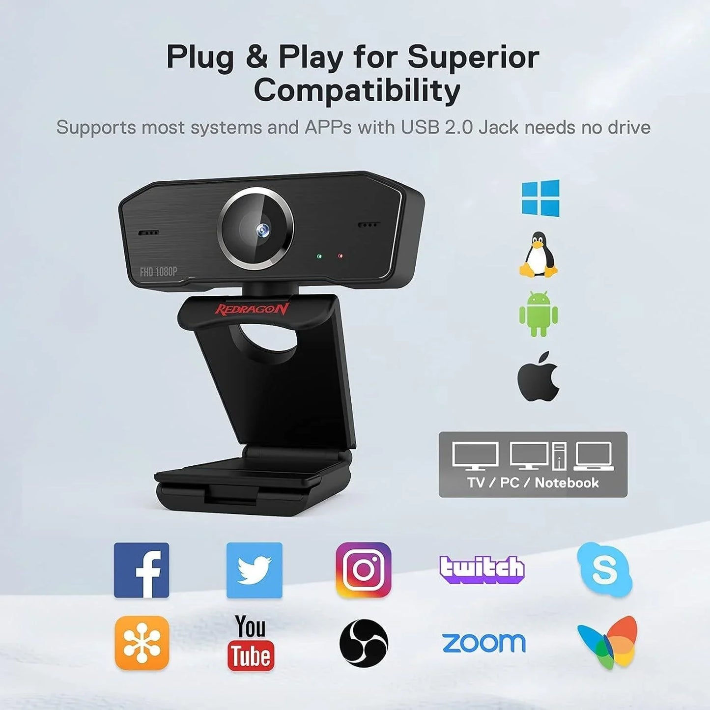 Redragon gw800 1080p pc webcam with built-in dual microphone 360° rotation