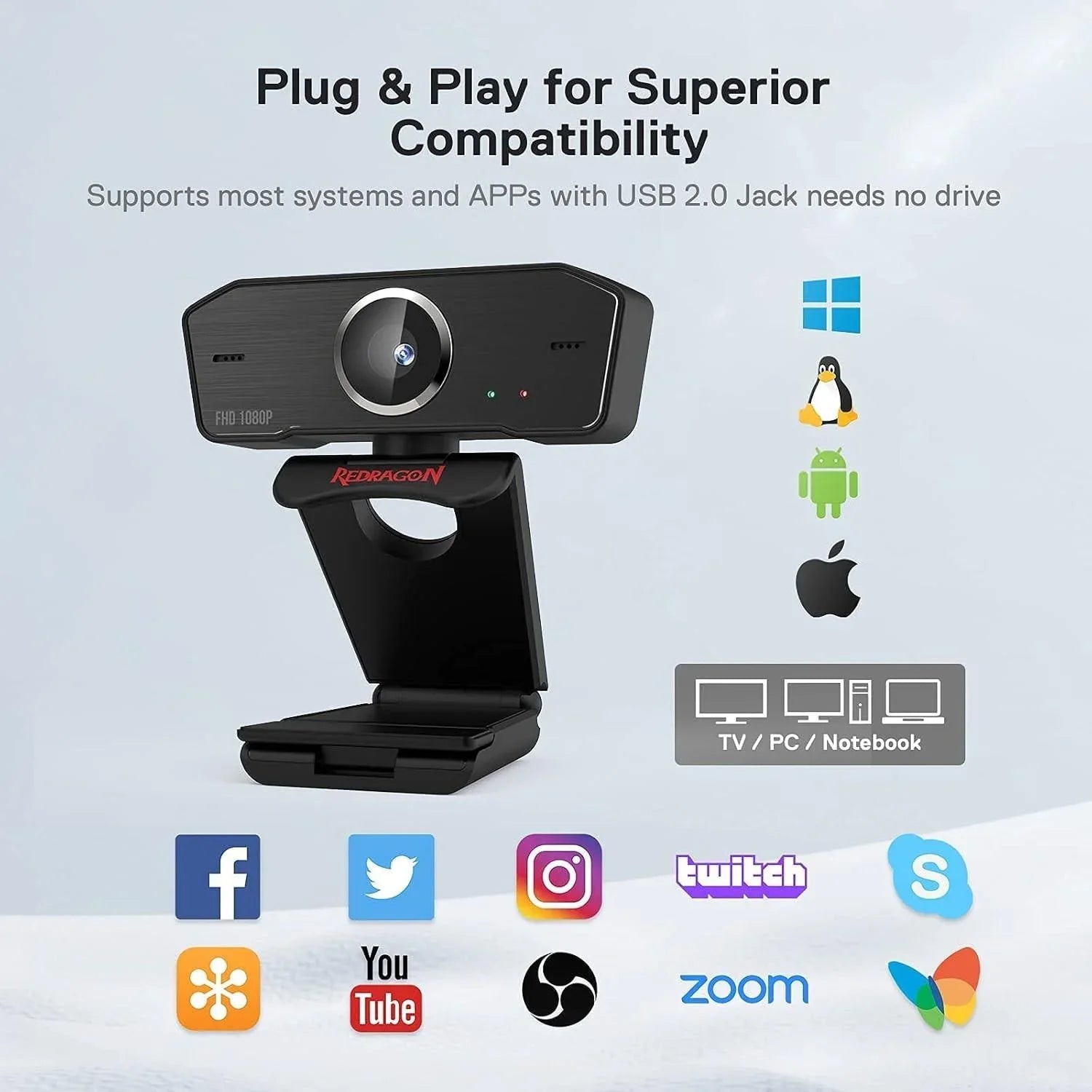 Redragon gw800 1080p pc webcam with built-in dual microphone 360° rotation