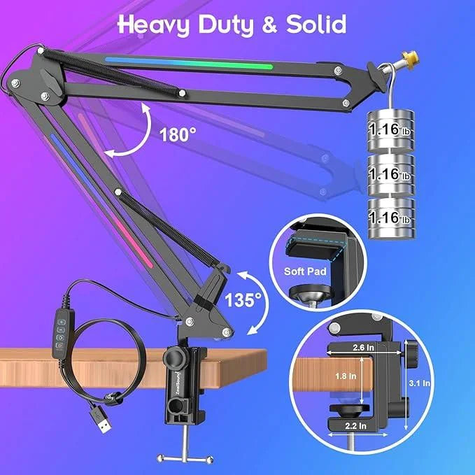 Zealsound rgb microphone arm stand,mic arm with rgb light microphone stands