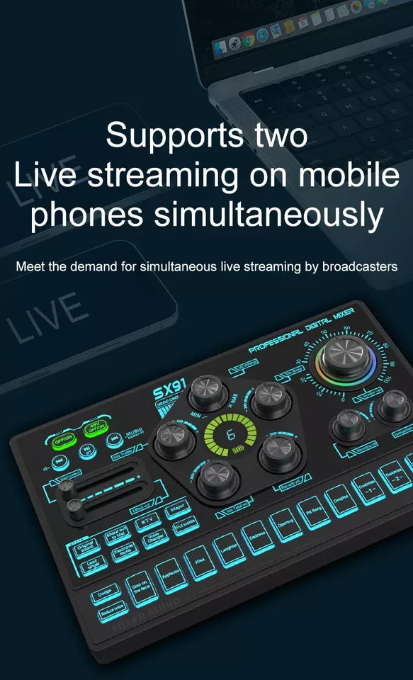 SX91 48V Audio Mixer with Voice changer,Podcast Mixer,Sound Card for Phone